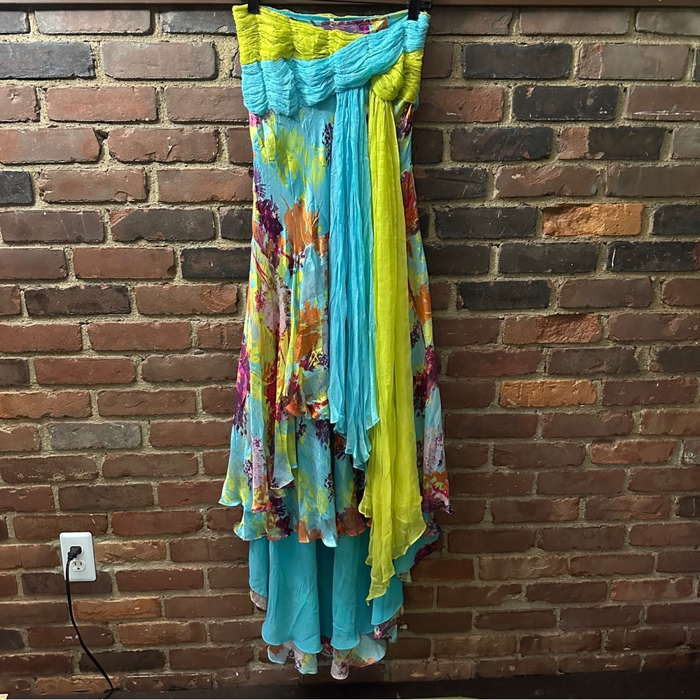 MARINI Dress Multi Chiffon Strapless Hi-Low Semi-Formal Gown Sz 6
